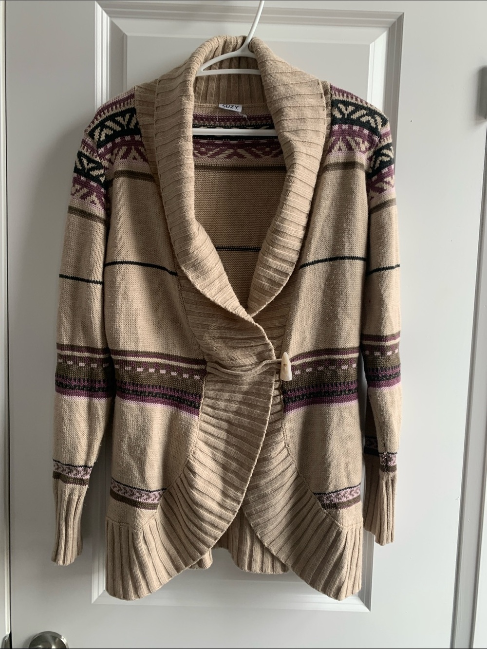 Suzy Shier Beige Shawl Collar Cardigan with Purple & Brown Accents